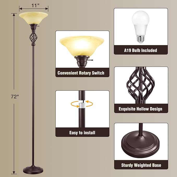 Torchiere Floor Lamp for Living Room, LED Standing Reading Light for Bedroom with Glass Shade for Living Room Corner Bedroom Home Office,Bulbs Included (Yellow Lampshade, Glass 1 Head)