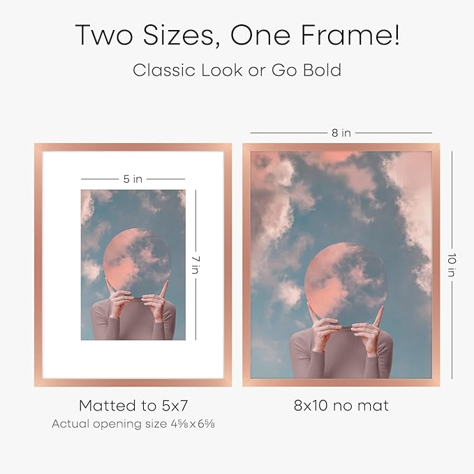 Homeforia Rose Gold 8x10 Picture Frame, High End Metal 8 x 10 Poster Frames with Mat 5 by 7 Print, 10x8 Thin Frame Matted to 7x5 Photo, 8by10 Wall or Tabletop Frame, Tempered Glass, Wall Kit, Set of 2