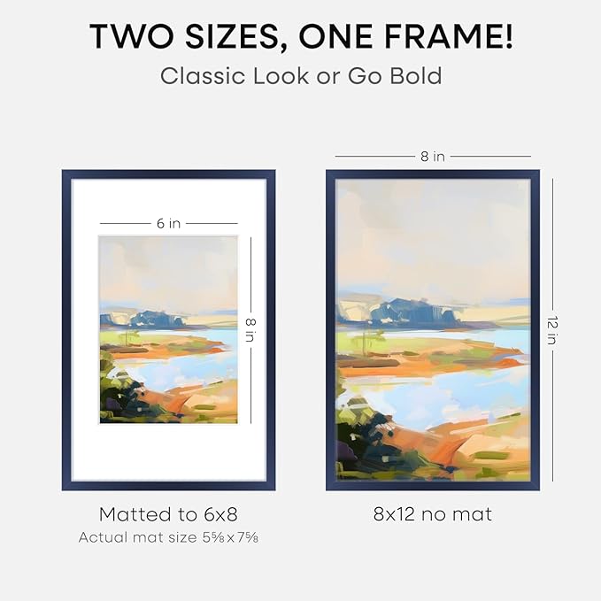 Homeforia 8x12 Picture Frame Navy Blue, High End Metal 8 x 12 Poster Frames with Mat 6 by 8 Photo, 12x8 Frame Matted to 6x8 inch Print, 8by12 Wall or Tabletop Frame, Tempered Glass, Wall Kit, Set of 1