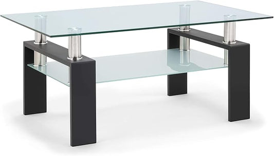 Tempered Glass Coffee Table for Living Room with 2 Tiers Size 39.4" x 23.7" (W x D) Black