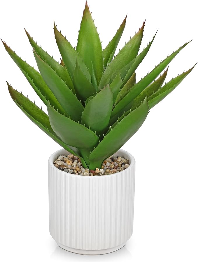 Hollyone Large Artificial Agave Plants 11.8“ Fake Succulents Potted Faux Aloe Vera Plant in White Pot Succulent Agave Plants for Desk Modern Office Living Room Table Shelf Home Indoor Outdoor Decor