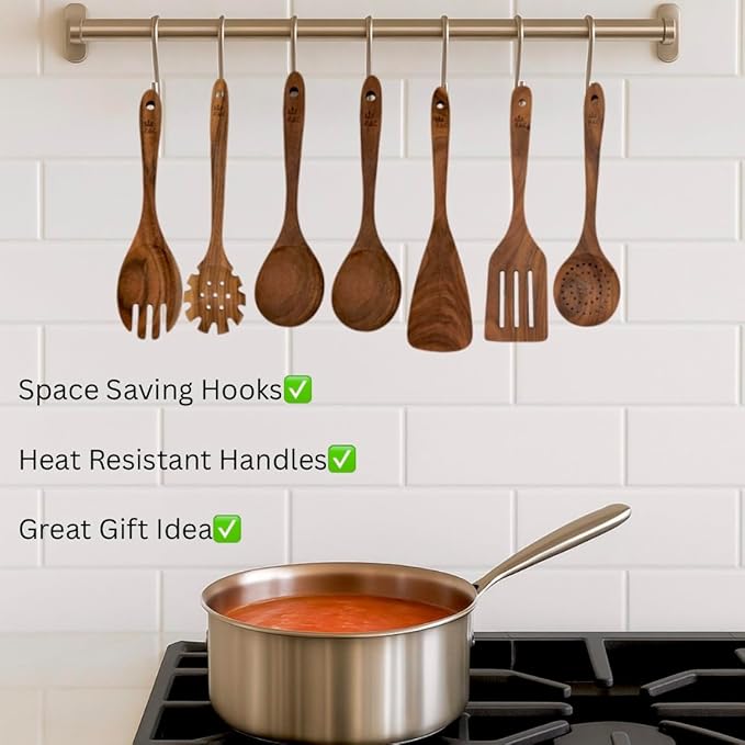 R&C 9-Piece Wooden Kitchen Utensil Set – Premium Teak Cooking Spoons, Spatulas & Strainer with Holder & Hooks – Eco-Friendly, Nonstick, Durable Wooden Cookware Gift Set