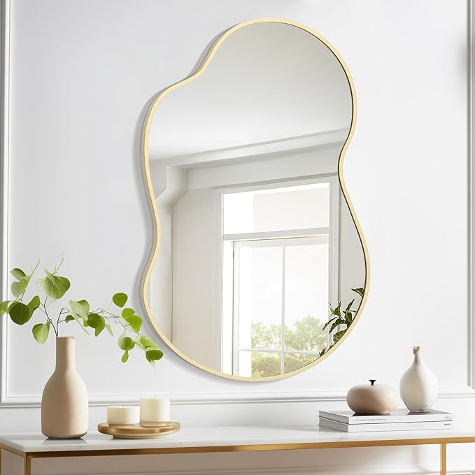 WallBeyond Gold Asymmetrical Mirror, Modern Irregular Wall Mirror with Aluminum Frame for Bedroom, Bathroom, Living Room, and Entryway 36" H x 24" W (Gold)