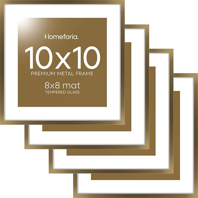 Homeforia 10x10 Picture Frame Bronze, High End Metal 10 by 10 Square Brass Frames with Mat 8 x 8 Photo, 10x10 Poster Frame Matted to 8x8 Art, Wall or Tabletop Frame, Tempered Glass, Wall Kit, Set of 4