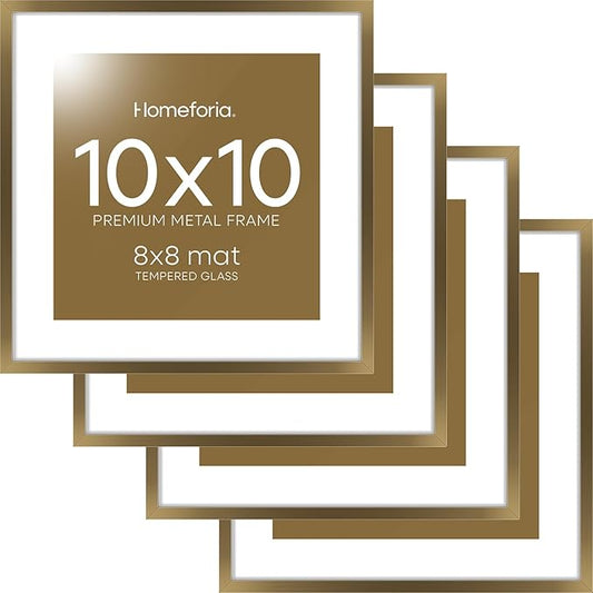Homeforia 10x10 Picture Frame Bronze, High End Metal 10 by 10 Square Brass Frames with Mat 8 x 8 Photo, 10x10 Poster Frame Matted to 8x8 Art, Wall or Tabletop Frame, Tempered Glass, Wall Kit, Set of 4