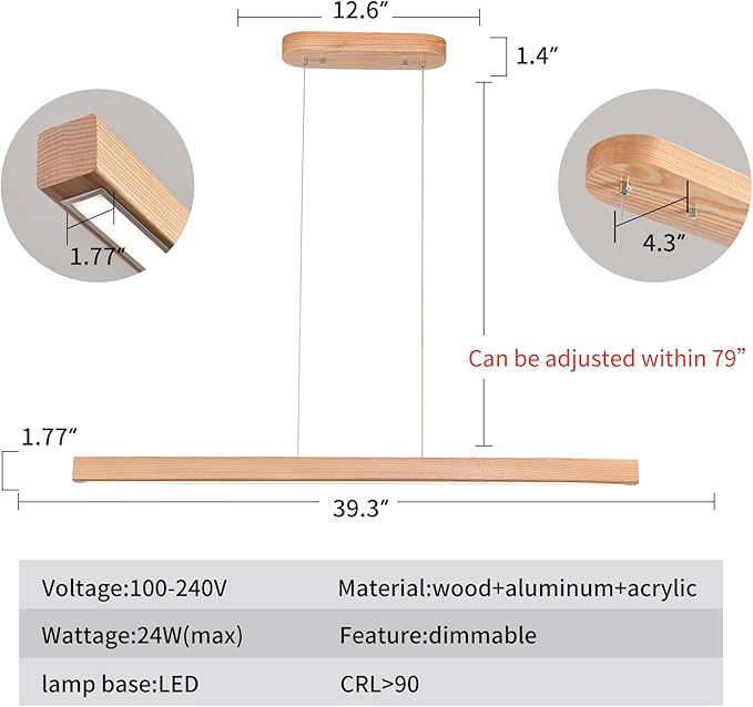 39" Wooden Linear Pendant Light LED Pendant Lights Dimmable Pool Table Island Lights Modern Linear Chandeliers for Dining Room Kitchen Ceiling Pendant Lamp for Kitchen Island Billiard Room Natural