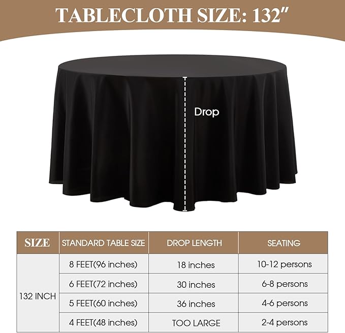 Round Tablecloth 132 Inch 1 Pack Black Tablecloths Washable Decorative Linen Polyester Table Clothes Cover for Dining Table Banquets Buffet Parties and Wedding