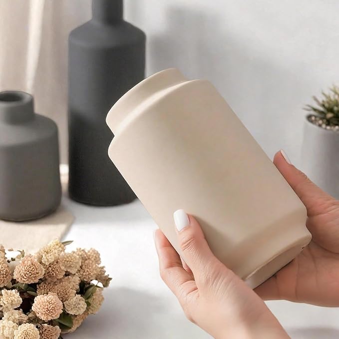 Ceramic Vase Set of 3, Vases Home Decor, Neutral Rustic Modern Farmhouse Decor, Pottery Vases for Pampas Grass Dried Fresh Flowers, Living Room Kitchen Bedroom Bathroom Entryway Mantel Shelf (Beige)
