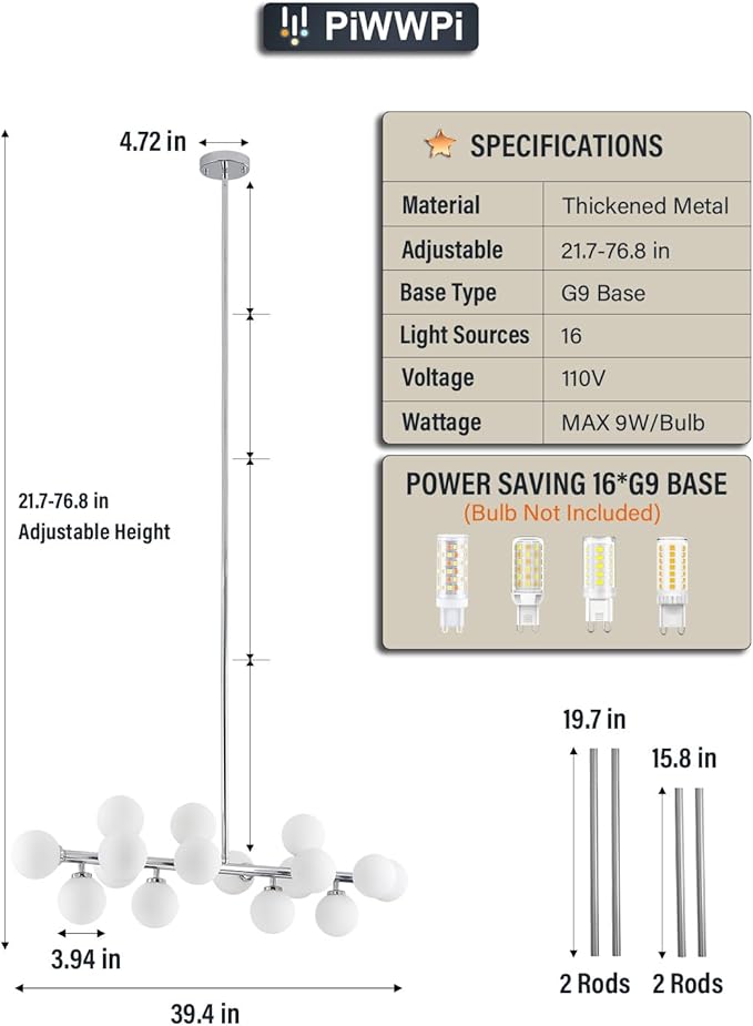 Glass Globe Sputnik Chandelier, 16-Light Mid Century Modern Light Fixture Over Table, Linear Chandeliers for Dining Room, Kitchen Island, Chrome and Milk White Bubble, 40 Inch, GC-02