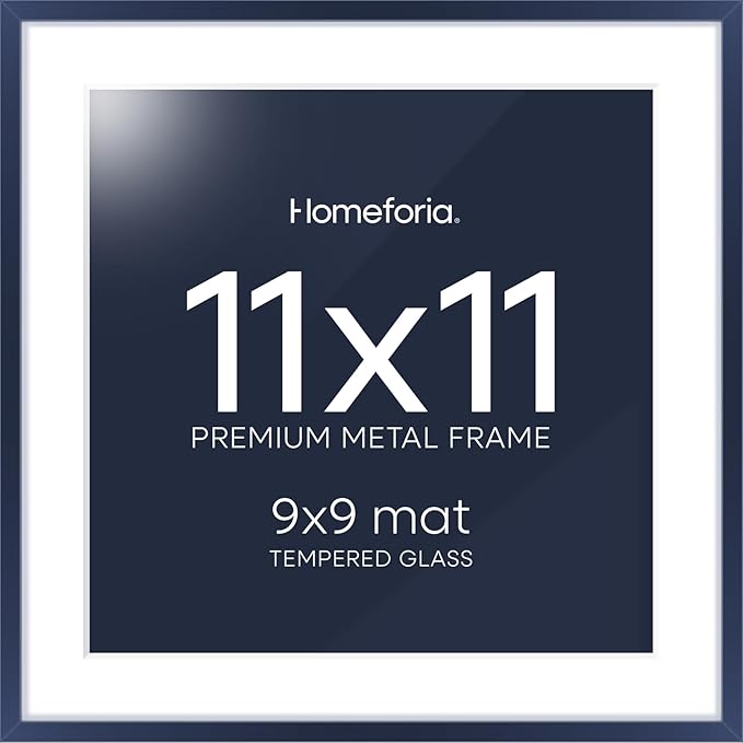 Homeforia 11x11 Navy Blue Picture Frame, High End Metal 11 by 11 Square Frames with Mat 9 x 9 Photo, 11by11 Poster Frame Matted to 9x9 inch Art, Wall Hanging Frames, Tempered Glass, Wall Kit, Set of 1