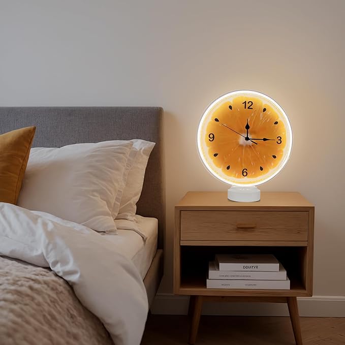 jXIN 12 Inch Orange - Shaped Fun Clock, 2-in-1 LED Silent Clock and Warm White Night Light, Creative Decorative for Cozy Atmosphere Children's Room