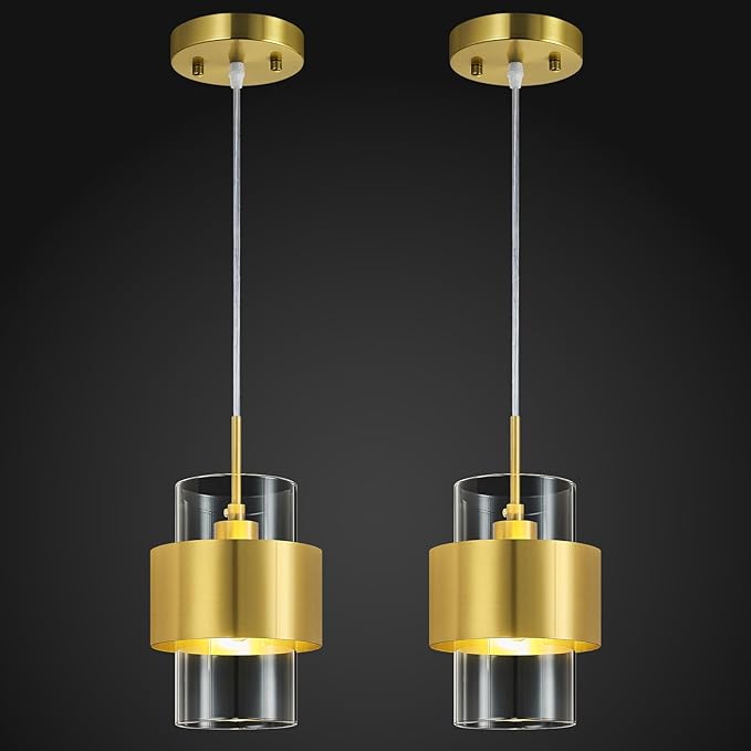 Modern Gold Pendant Lighting Indoor Kitchen Island Pendant Light Glass Shade Ceiling Light Fixtures for Bedroom Dining Room Living Room(2-Pack)