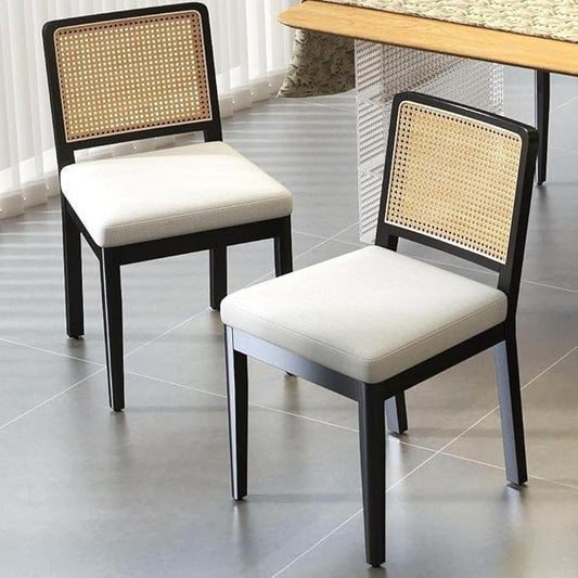 LukeAlon Farmhouse Rattan Dining Chairs Set of 2, Mid Century Modern Linen Kitchen & Dining Chairs with Solid Wood Legs, Woven Cane Upholstered Kitchen Chairs Side Chairs for Dining Room, Beige