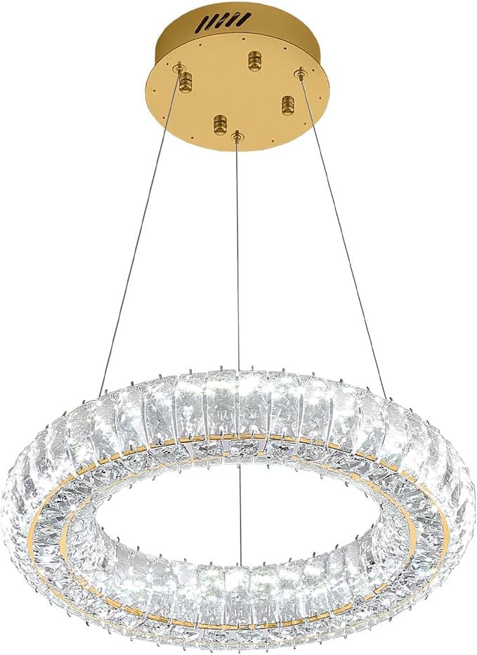 Modern LED Gold Ring Pendant Light 7.8" Dimmable Crystal Chandelier Adjustable Round Crystal Chandelier Light Fixtures for Dining Room Living Room