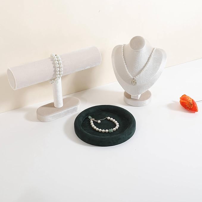 GemeShou Round Jewelry Organizer plate, Top Microfiber velvet Jewerly display tray, Empty Jewelry showcase tray for Necklace Bracelet Ring Earring display stand holder (Green-Small, 5.9 x 5.9 in)