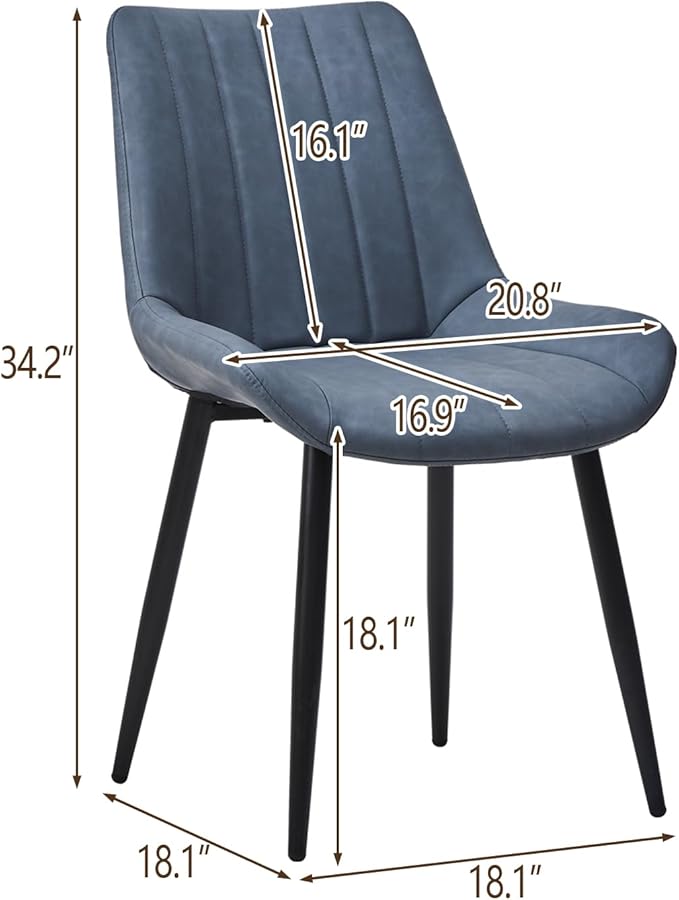 TUKAILAi Faux Leather Dining Chairs Set of 2, Modern Linear Design Kitchen Chairs with Upholstered Seat and Metal Legs, Comfortable Side Chairs for Dining Room Restaurant Commercial (Blue)