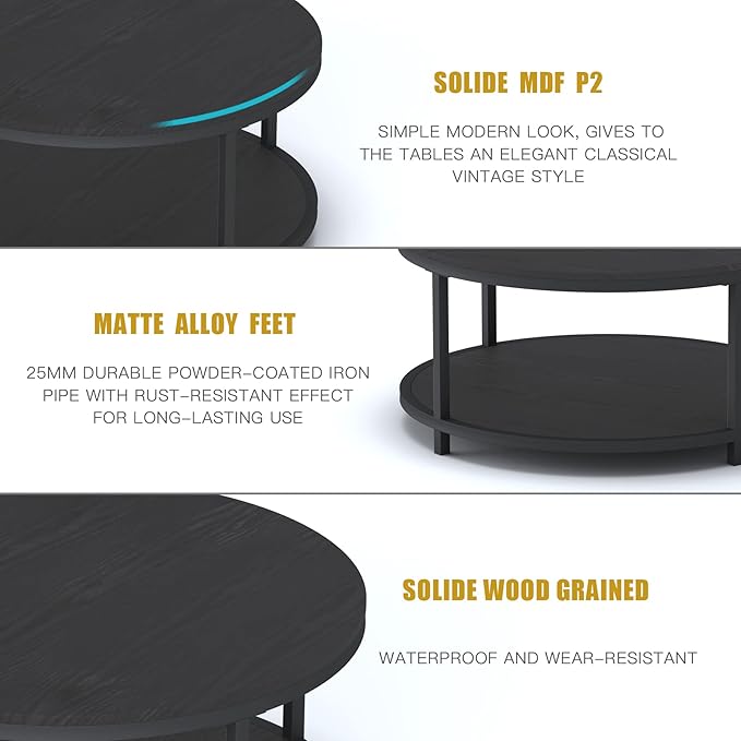 NSdirect Round Coffee Table, 36" Rustic Wooden Surface Top & Sturdy Metal Legs Industrial Sofa Table for Living Room Modern Design Home Furniture with Storage Open Shelf (Black Oak)