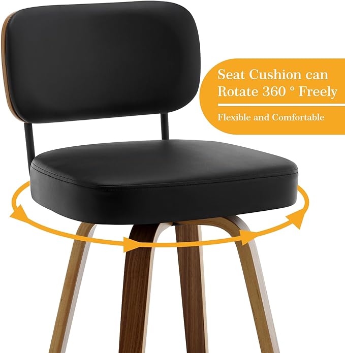 Swivel Bar Stools Set of 4, 29" Upholstered Faux Leather Barstools with Back and Bent Wood Legs, Mid Century Modern Bar Chair Island Stool for Kitchen Counter, Black