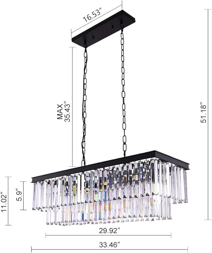 Wellmet Black Crystal Chandelier, 9-Light Modern Farmhouse Chandeliers Dining Room Lighting Fixture, Adjustable Rectangle Hanging Ceiling Light for Living Room,Pool Table Light, Kitchen Island