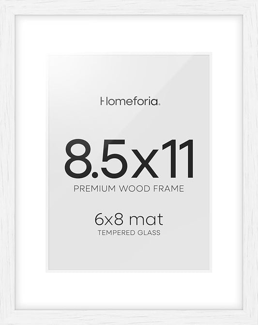 Homeforia 8.5 by 11 Picture Frame White, High End Oak 8.5 x 11 Wood Frames with Mat 6 x 8 inch Photo, 8.5by11 Wooden Frame Matted to 6x8 Art, Wall or Tabletop Frame, Tempered Glass, Wall Kit, Set of 1