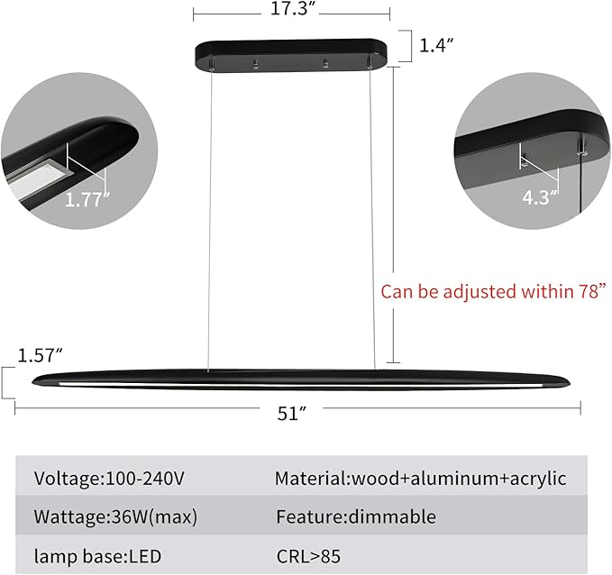 39" Wood LED Linear Pendant Light Black Linear Pendant Dinning Room Hanging Lights LED Dimmable Chandeliers 24w for Dining Room Pool Table Lights Kitchen Island Light Black