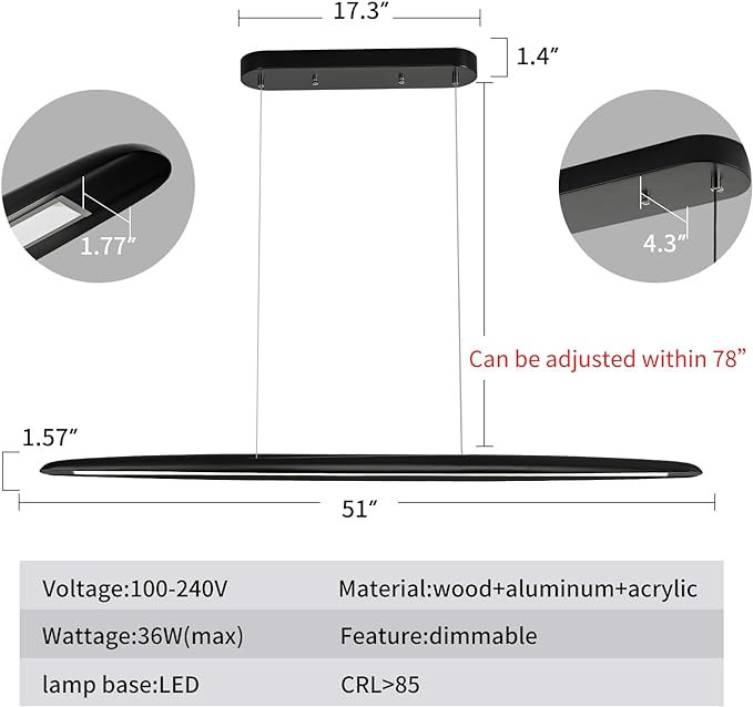 51" Wood Linear Pendant Light Black Linear Pendant Dinning Room Hanging Lights LED Dimmable Chandeliers 36w for Dining Room Pool Table Lights Kitchen Island Light Black