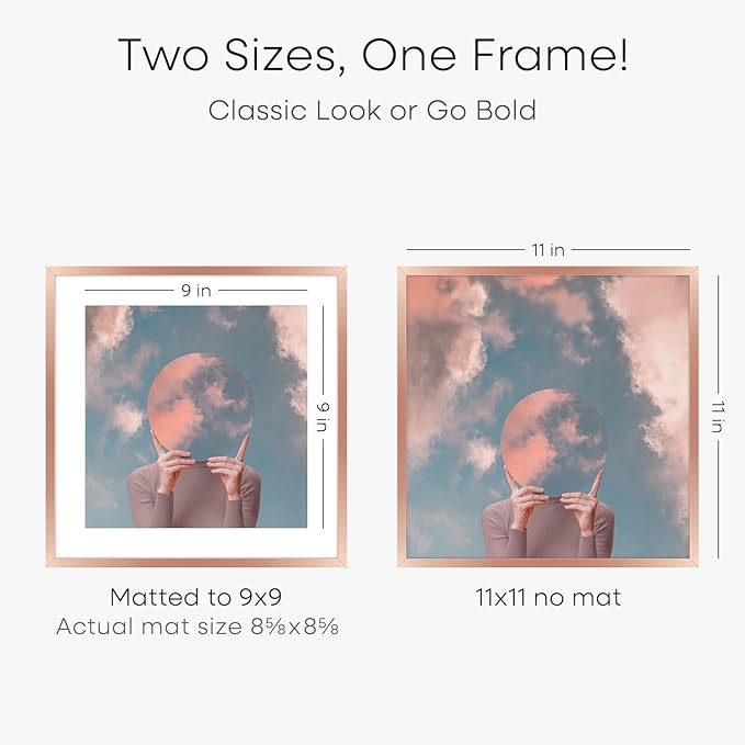 Homeforia 11x11 Rose Gold Picture Frame, High End Metal 11 by 11 Square Frames with Mat 9 x 9 Photo, 11by11 Poster Frame Matted to 9x9 inch Art, Wall Hanging Frames, Tempered Glass, Wall Kit, Set of 2