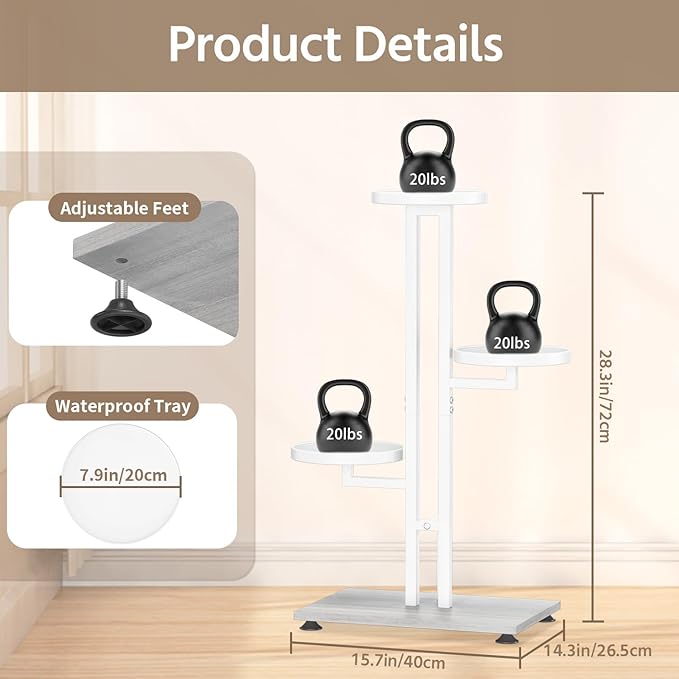 LASZOLA White 3 Tiered Plant Stand Indoors Heavy Duty Metal Rack, Sturdy Multi Level Shleving Hold Flowers, Larger House Decorate Ladder for Planting Inside Tree Herb Cactus, Wooden Base, Space Saving