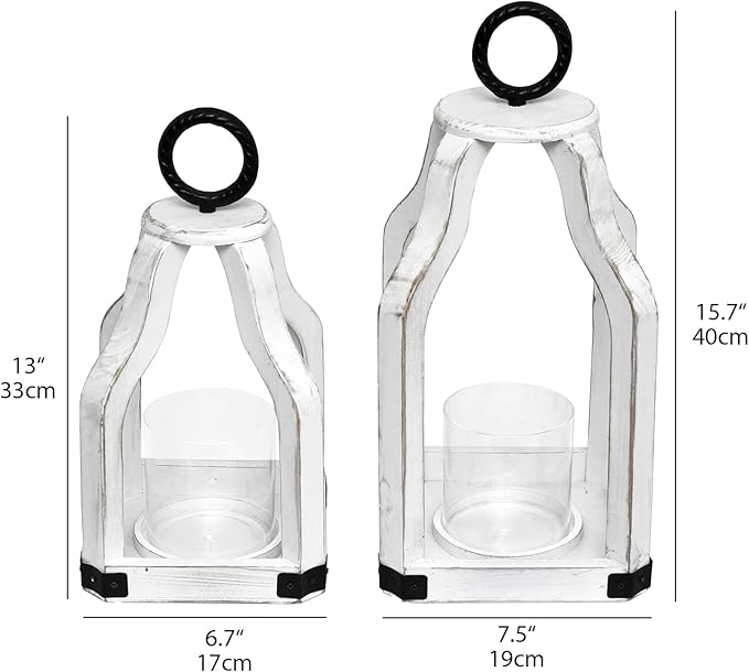 SWALLOWLIVING Rustic Farmhouse Wood Candle Hurricane Lantern with Glass Candlestick Holder for Patio, Table Centerpiece, White, Set of 2
