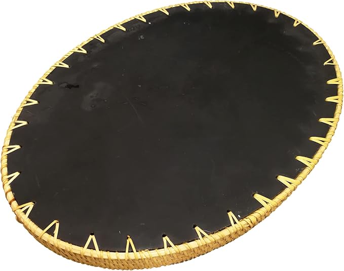 I-LAN 15 Inch Oval Rattan Woven Basket Tray with Beige Green MOP Wooden Base, Boho Wicker Coffee Table Serving Basket Décor with 1.2 Inch Wall, Handmade Display Basket for Countertop, L