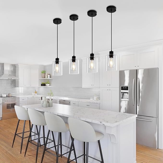 3 Pack Pendant Lights Kitchen Island, Black Kitchen Pendant Lighting Over Island, Hanging Light Fixtures Modern Glass Pendant Lights for Hallway Entryway Bedroom Dining Room