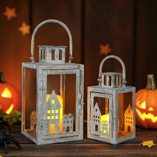 TRIROCKS Halloween Candle Lantern 6 &11" H Vintage Metal Candle Holders Set of 2 Outdoor Lanterns for Garden, Living Room, Indoor & Outdoor (Gray with Gold Brush)