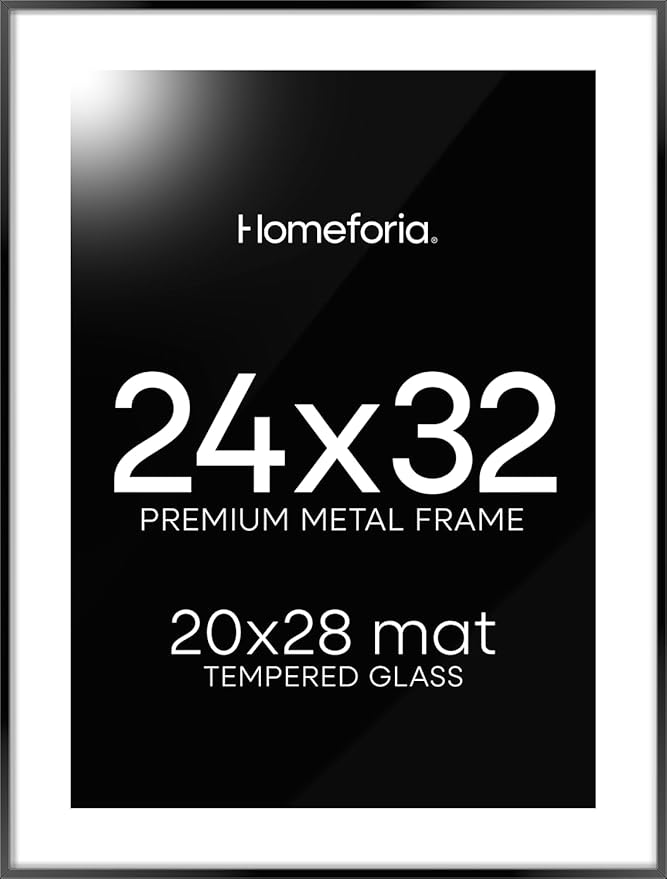 Homeforia 24x32 Poster Frame Black, High End Metal 24 x 32 Large Picture Frames with Mat 20 x 28 for Photo, 24x32 Thin Frame Matted to 20x28 inch Print, 32x24 Frame, Tempered Glass, Wall Kit, Set of 1