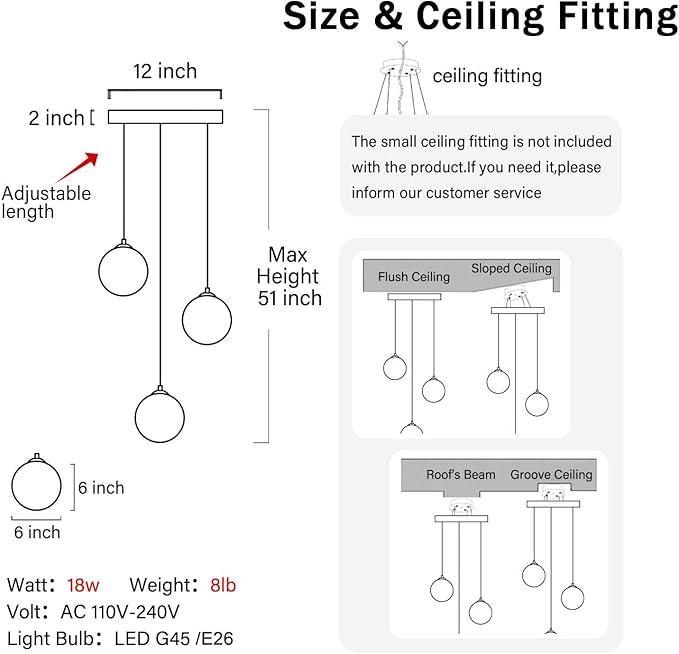 Globe Glass Pendant Light Modern Black Clear Globe Glass Chandelier Mid Century Chandelier 3-Light Hanging Fixture for Kitchen Island Foyer Hallway Dining Room