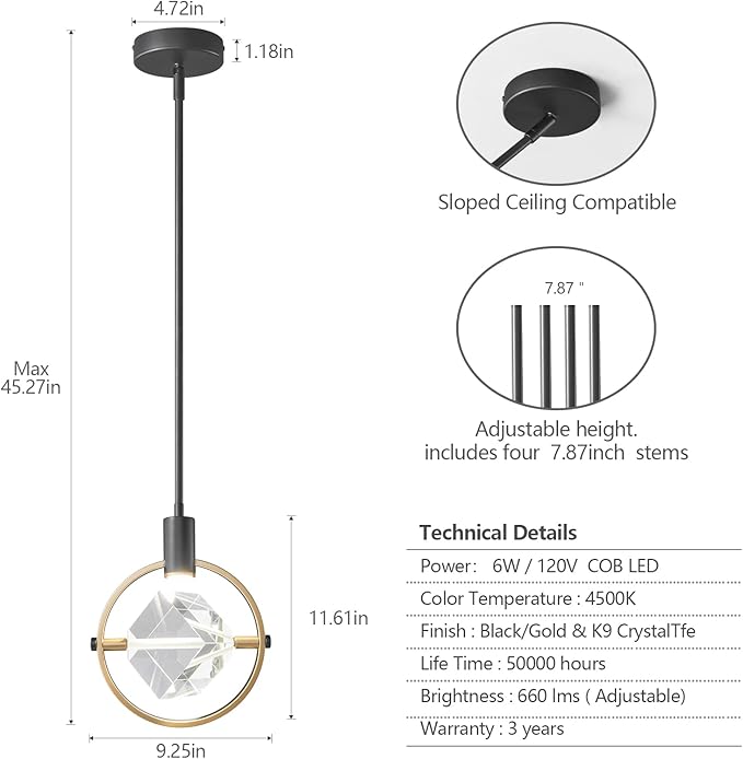 Modern Crystal Pendant Light in Black Mini Dimmable Integrated LED Light Fixtures Metal Rod Ceiling Black Gold Chandelier for Kitchen Island Bedroom Dining Room Bar(1-Lights)