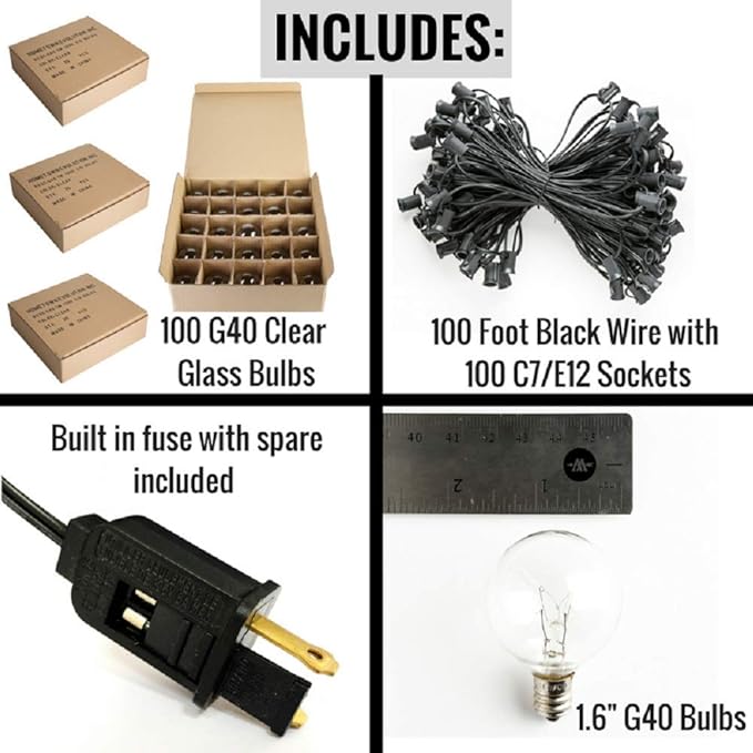 Hometown Evolution, Inc. 100 ft G40 Globe Patio String Lights with Clear Bulbs (Black Wire) (+ 5 Free Spares)