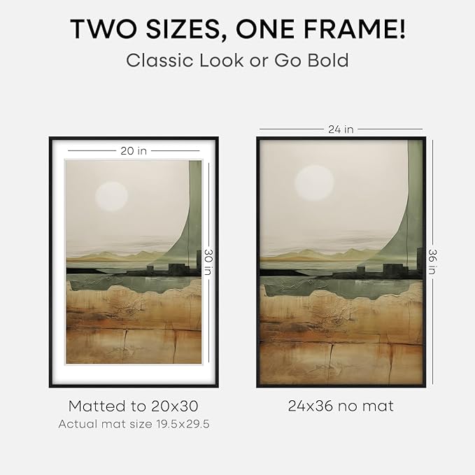 Homeforia 24x36 Black Wood Frame, High End Oak 24x36 Large Wooden Poster Frames with Mat 20x30 inch Photo, 24 x 36 Picture Frame Matted to 20 x 30, 36x24 Thin Frame, Tempered Glass, Wall Kit, Set of 1