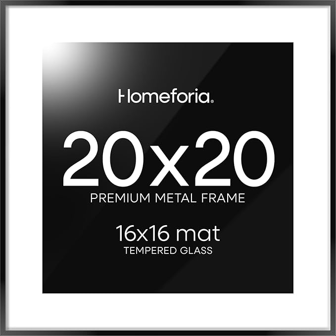 Homeforia 20x20 Picture Frame Black, High End Metal 20x20 Square Poster Frame Matted to 16x16 Print, 20 x 20 Black Frames with Mat 16 x 16 Photo, 20by20 Thin Frames, Tempered Glass, Wall Kit, Set of 1