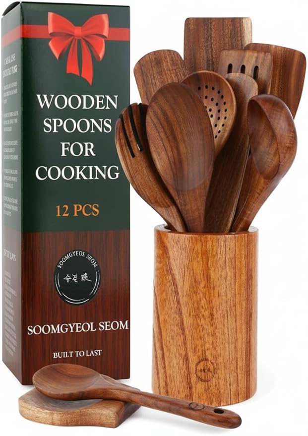 12-Piece Teak Wood Wooden Utensil Set with Spoon Holder & Rest – Non-Stick, Heat Resistant, Durable Cooking Tools – 100% Natural, Food-Safe & Eco-Friendly Kitchen Gadgets