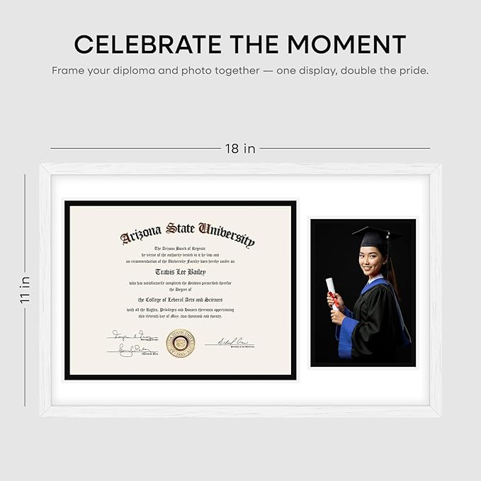 Homeforia 11x18 White Diploma Frame with Photo, High End Oak 11 x 18 Certificate Wood Frame with Mat 8.5x11 Diploma and 5x7 Picture, 18 by 11 Wooden Document Frames, Tempered Glass, Wall Kit, Set of 1