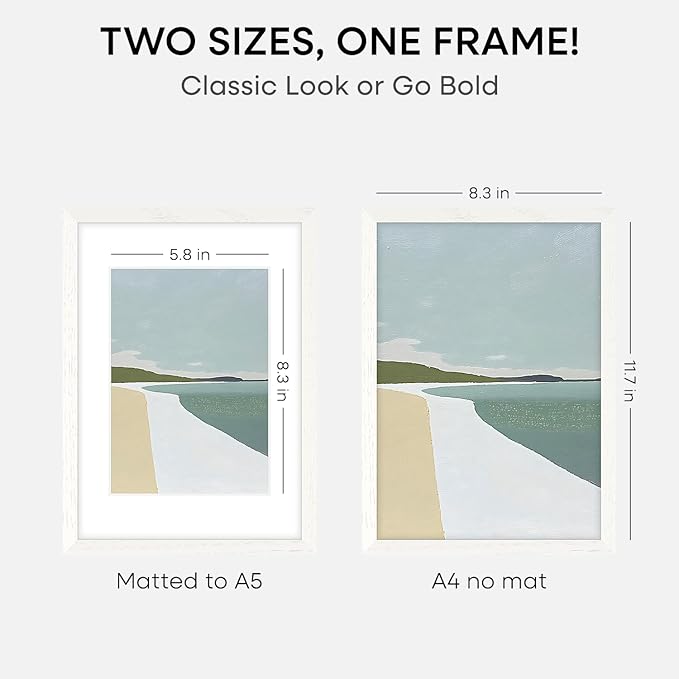 Homeforia A4 Picture Frame White Wood, High-End Oak 8.3 x 11.7 White Poster Frames Matted to 5.8 by 8.3 Photo, 8.3x11.7 Size Wooden Frame with Mat for 5.8x8.3 Print, Tempered Glass, Wall Kit, Set of 1