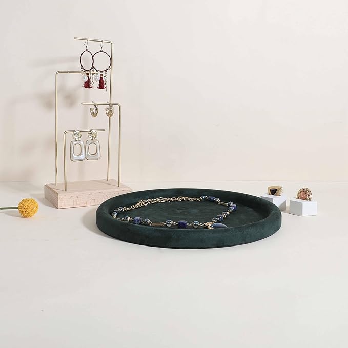 GemeShou Round Jewelry Organizer plate, Top Microfiber velvet Jewerly display tray, Empty Jewelry showcase tray for Necklace Bracelet Ring Earring display stand holder (Green-Large, 9.8 x 9.8 in)