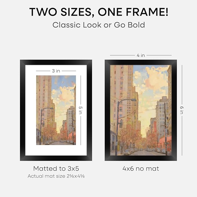 Homeforia 4x6 Picture Frame Black, High End Metal 4 x 6 Black Frames with Mat 3 x 5 for Art, 4x6 Desk Frame Matted to 3x5 inch Photo, 4 by 6 Wall or Tabletop Frames, Tempered Glass, Wall Kit, Set of 2