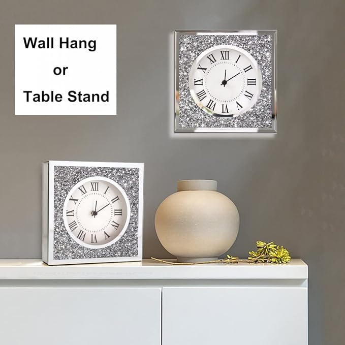 Desk Clock Wall Clock 8x8x2Inch Crushed Diamond Mirrored Clock Table Top Decorative Clock for Home Decoration. AA Battery not Included