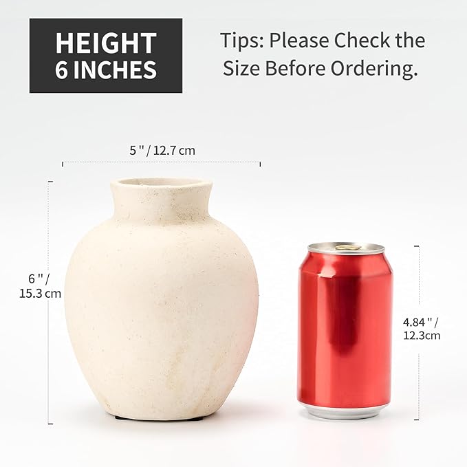 SIDUCAL Ceramic Decorative Flower Vase | 6 Inch Pottery Rustic Farmhouse Boho Vase for Home Decor, Table, Living Room, Bathroom, Shelf, Mantel Decoration, Wedding, White