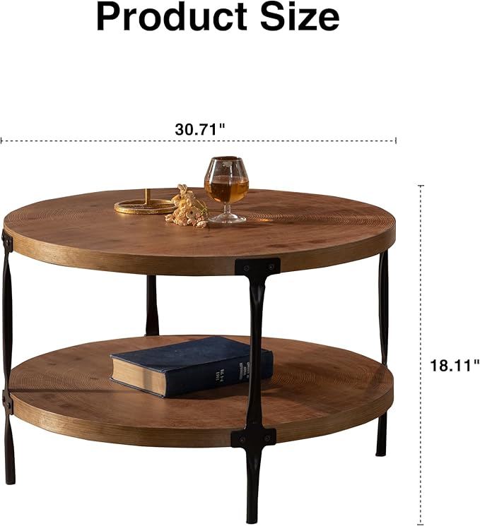 Round Two-Tier Coffee Table with Storage, 30.71" Circle Accent End Table with Metal Legs, Wooden Center Table for Living Room, Side Table Home Furniture - Walnut