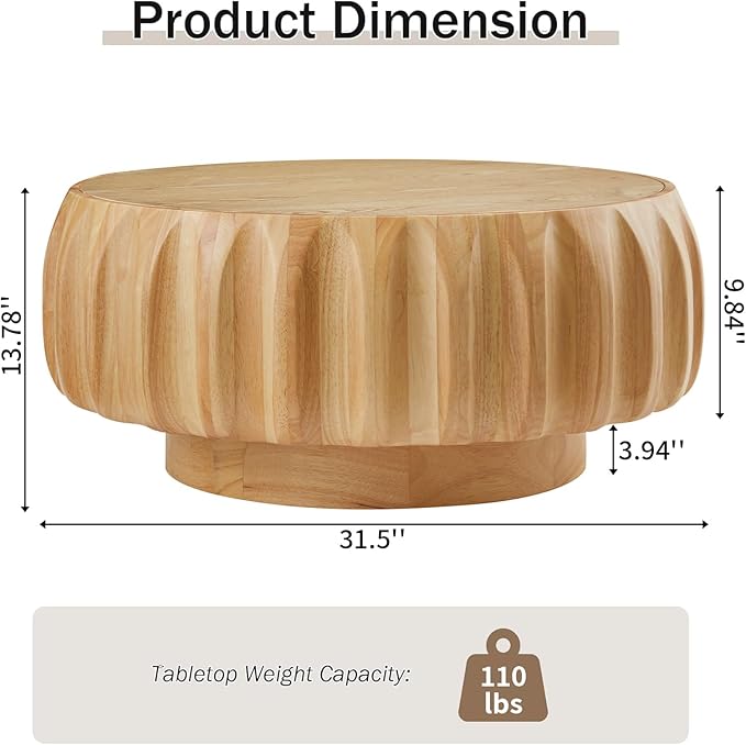 31.5" Round Coffee Table Drum Table Contemporary Wood Fluted Centry Table with Solid Wood Veneer for Living Room (Natural)