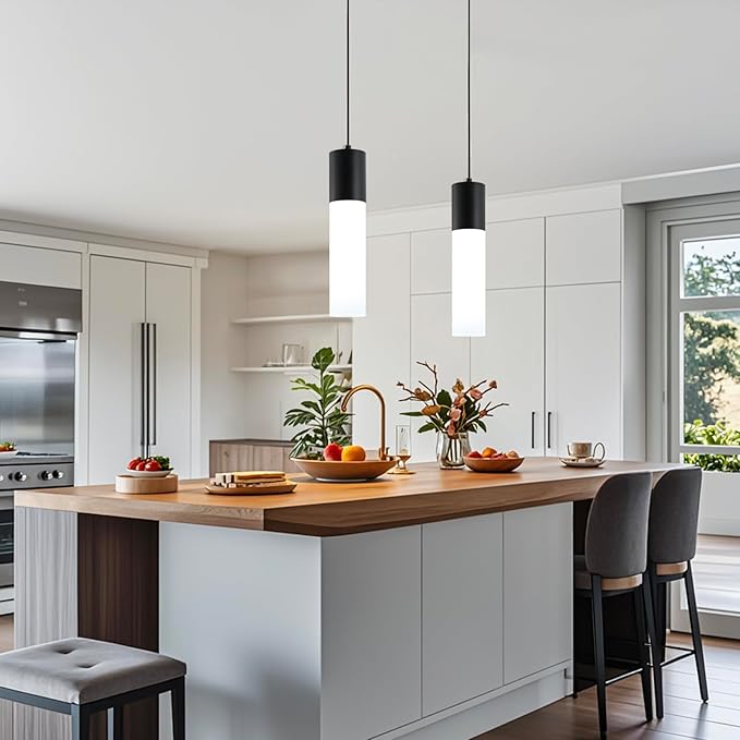 Kitchen Island Pendant Lights LED Black Small Pendant Light 12W with Milky White Lampshade Modern Ceiling Hanging Lamp for Bedroom Bedside Dining Room Table Bathroom, 1 Pack, 3000K-6000K