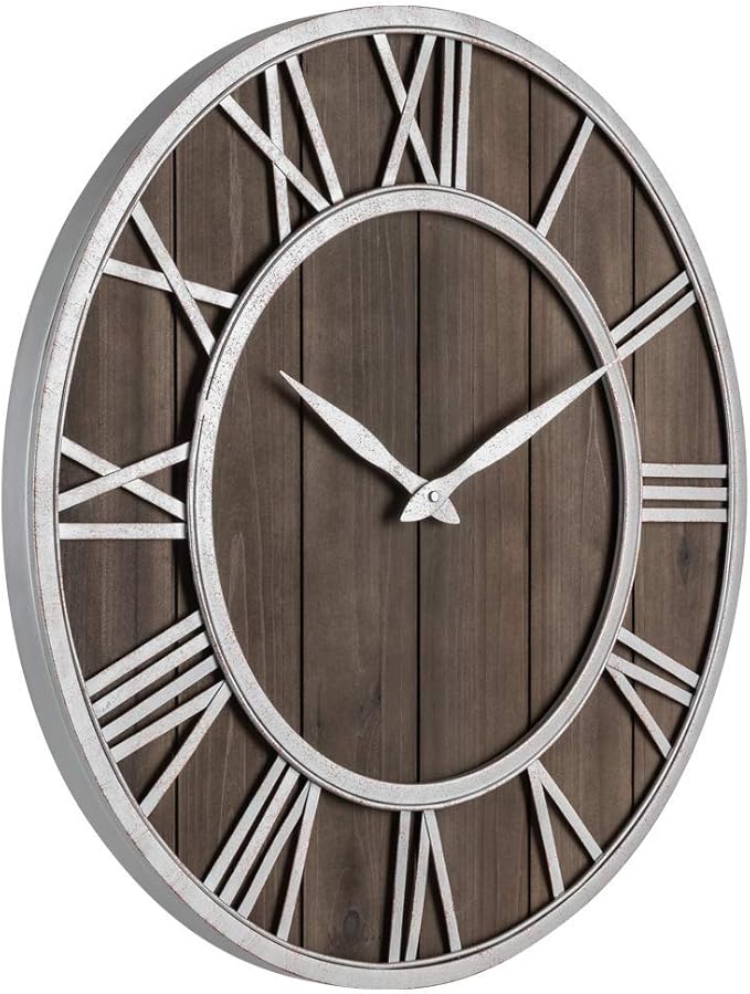 Oldtown Farmhouse Metal & Solid Wood Noiseless Wall Clock (Dark Brown, 24-inch)