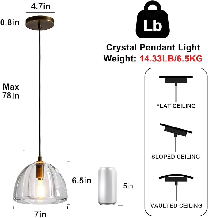 Brass Crystal Hemisphere Pendant Light, Kitchen Pendant Lighting Over Island, Farmhouse Pendant Light for Indoor Kitchen Island Dining Room Living Room Bedroom Bathroom, E12 Bulb Included